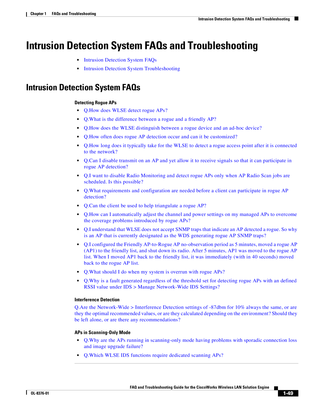 Cisco Systems OL-8376-01 Intrusion Detection System FAQs and Troubleshooting, Detecting Rogue APs, Interference Detection 