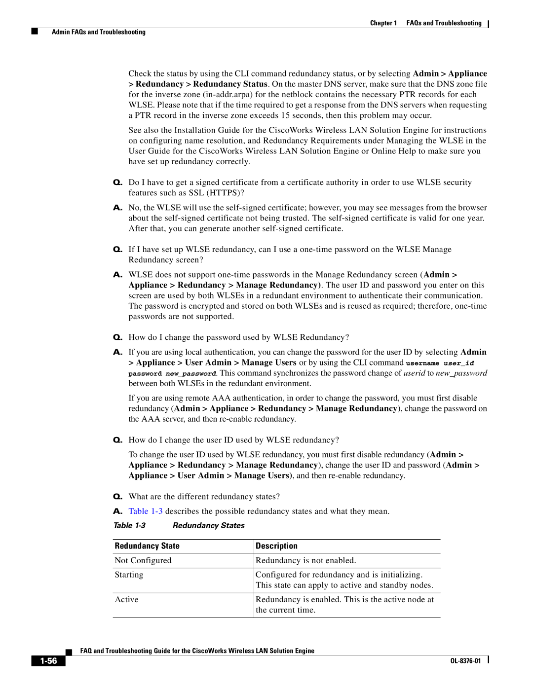 Cisco Systems OL-8376-01 manual Redundancy State Description 