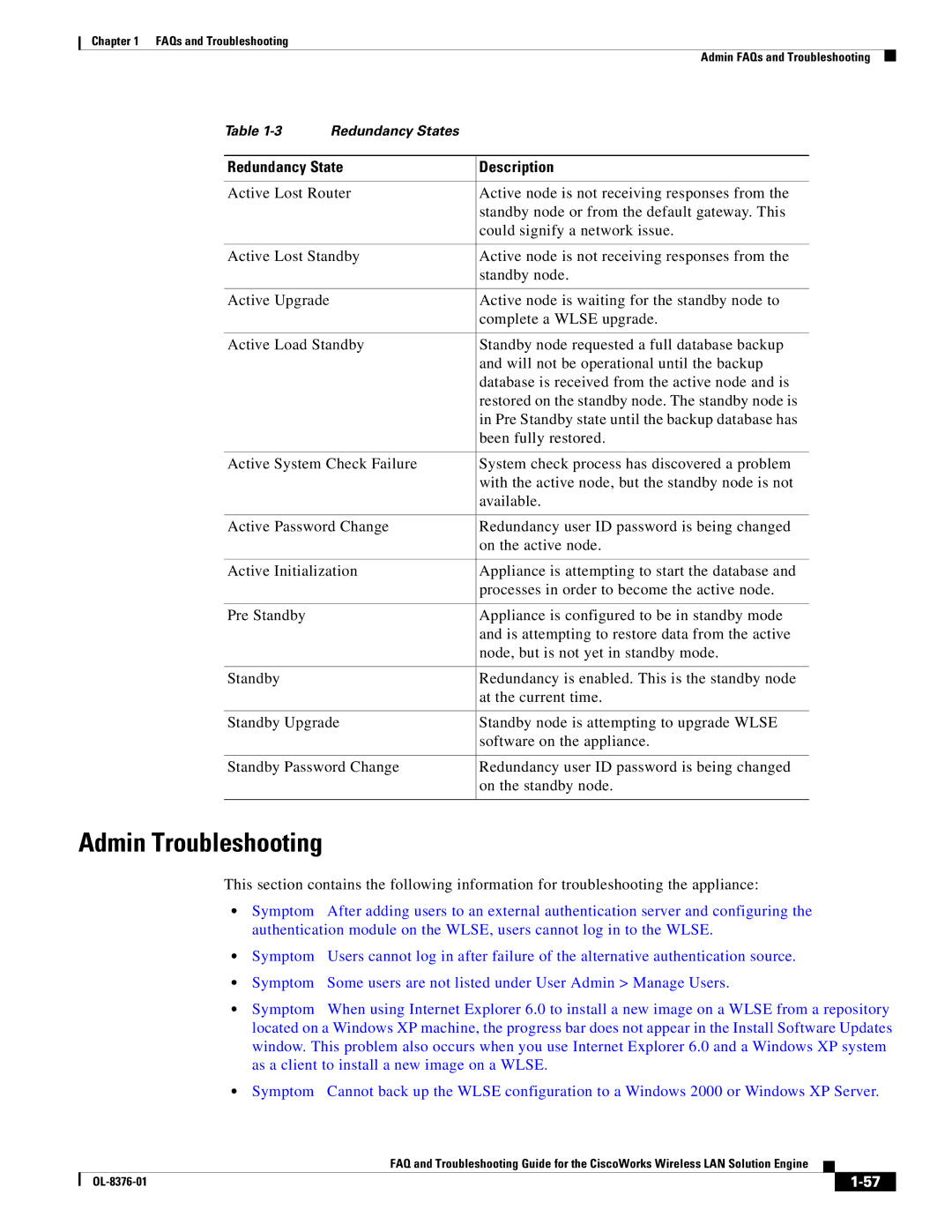 Cisco Systems OL-8376-01 manual Admin Troubleshooting 