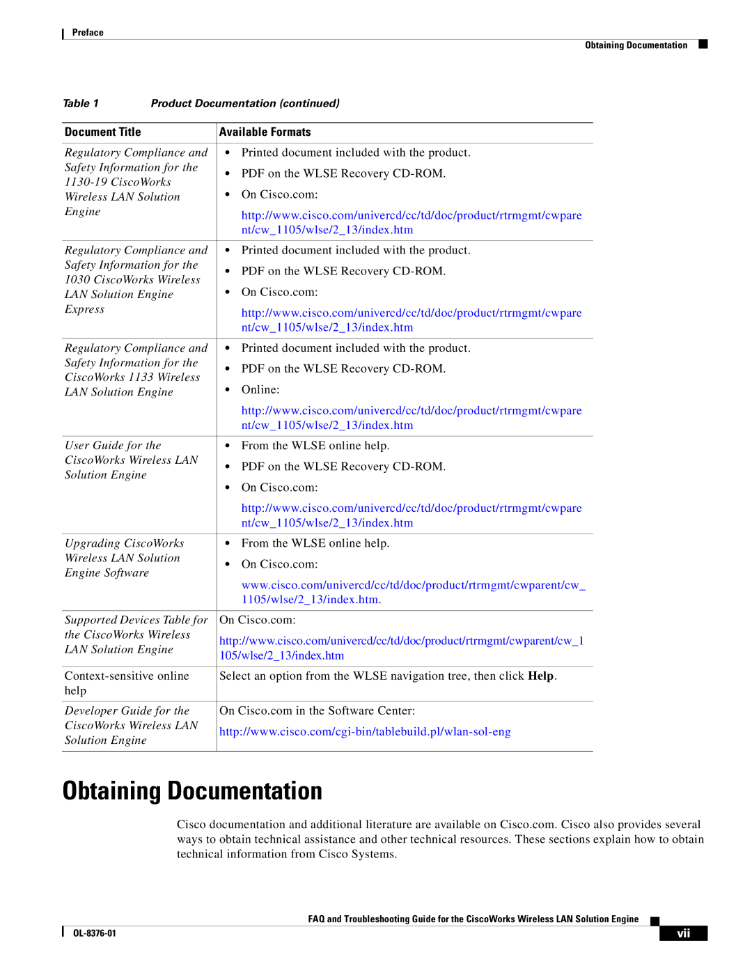 Cisco Systems OL-8376-01 manual Obtaining Documentation, 105/wlse/213/index.htm 