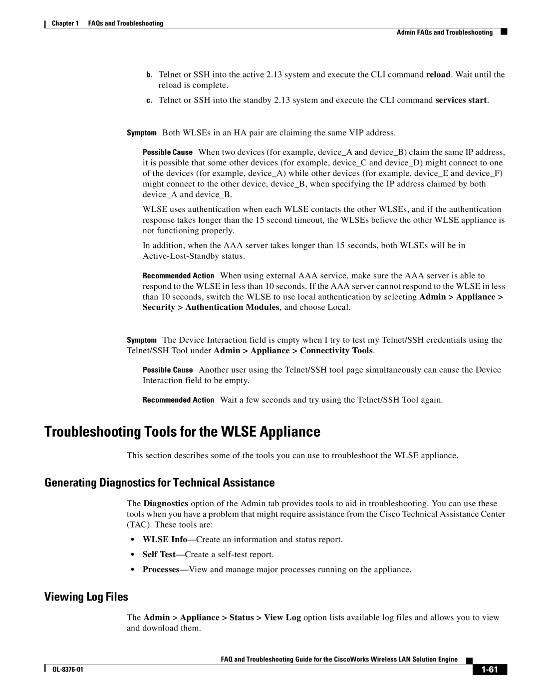 Cisco Systems OL-8376-01 Troubleshooting Tools for the Wlse Appliance, Generating Diagnostics for Technical Assistance 