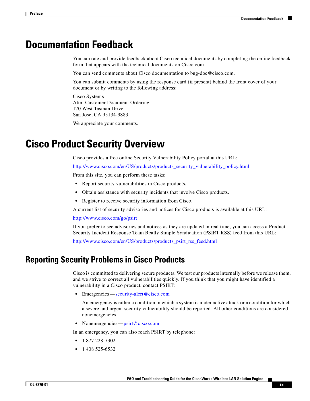 Cisco Systems OL-8376-01 manual Documentation Feedback, Cisco Product Security Overview 