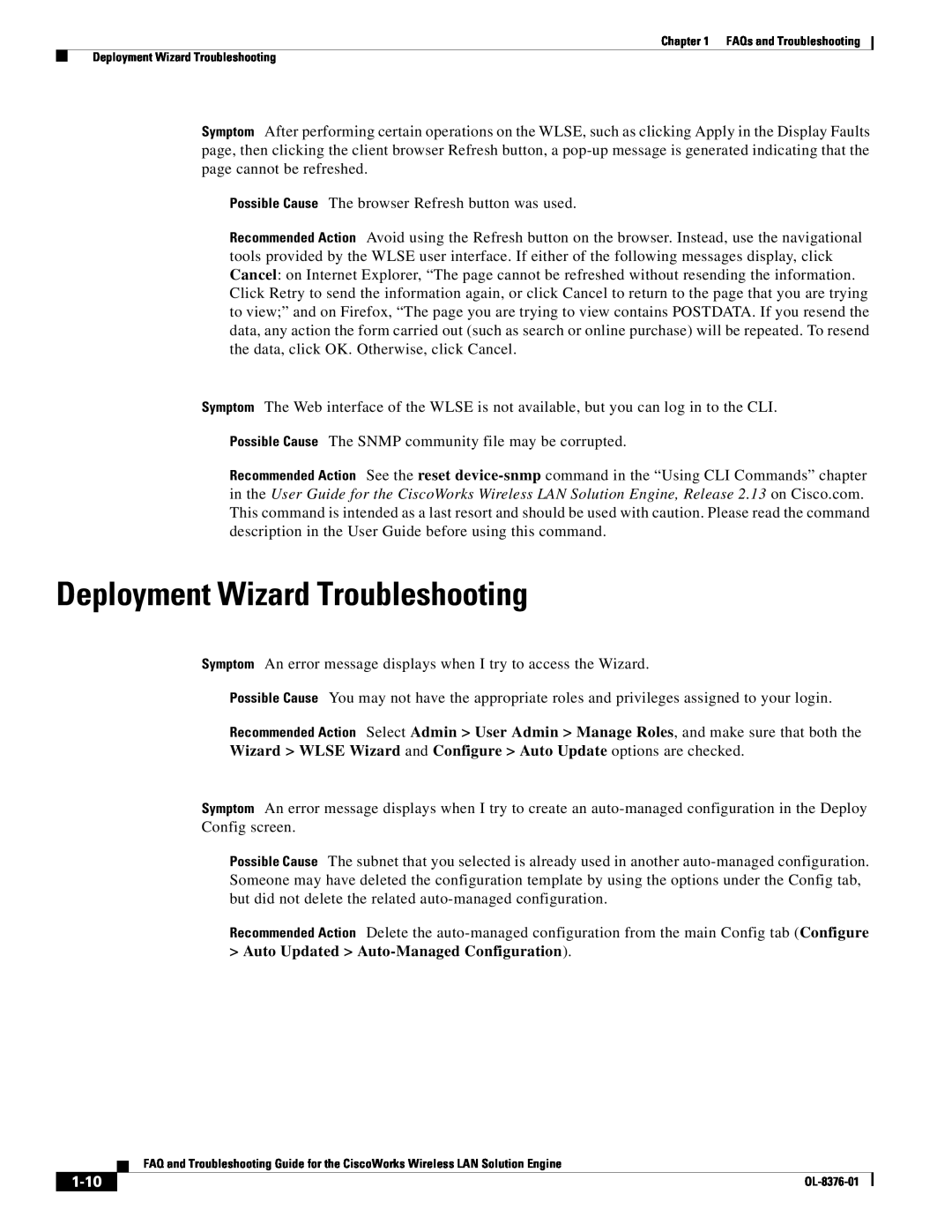 Cisco Systems OL-8376-01 manual Deployment Wizard Troubleshooting, 1-10, FAQs and Troubleshooting 
