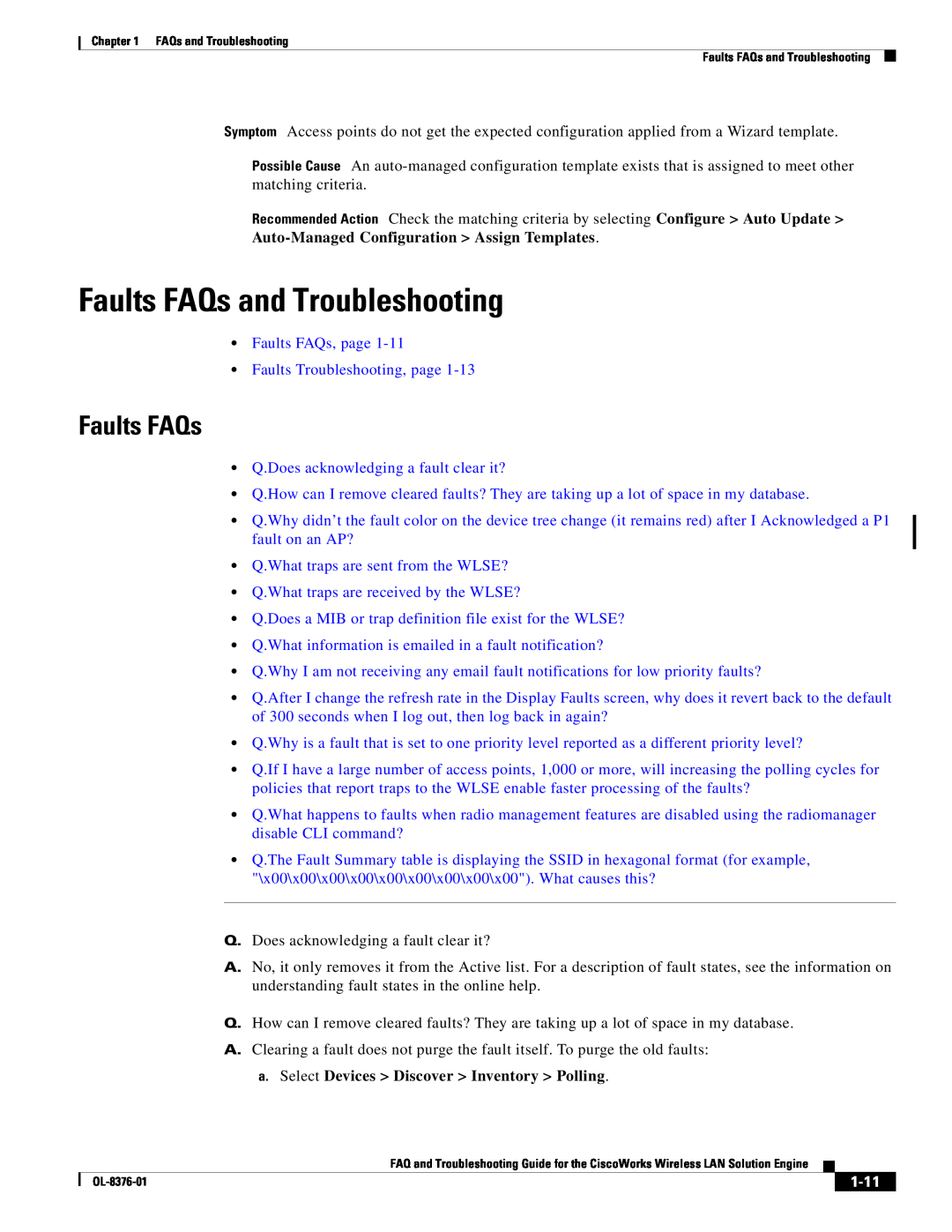 Cisco Systems OL-8376-01 manual Faults FAQs and Troubleshooting, Auto-ManagedConfiguration > Assign Templates, 1-11 