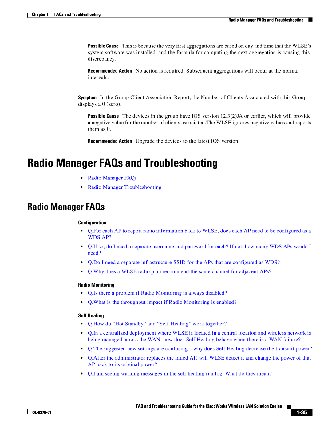 Cisco Systems OL-8376-01 manual Radio Manager FAQs and Troubleshooting, Configuration, Radio Monitoring, Self Healing, 1-35 