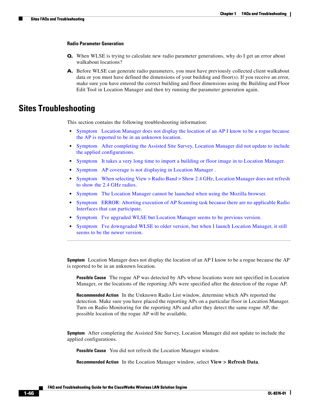 Cisco Systems OL-8376-01 manual Sites Troubleshooting, 1-46, Radio Parameter Generation 