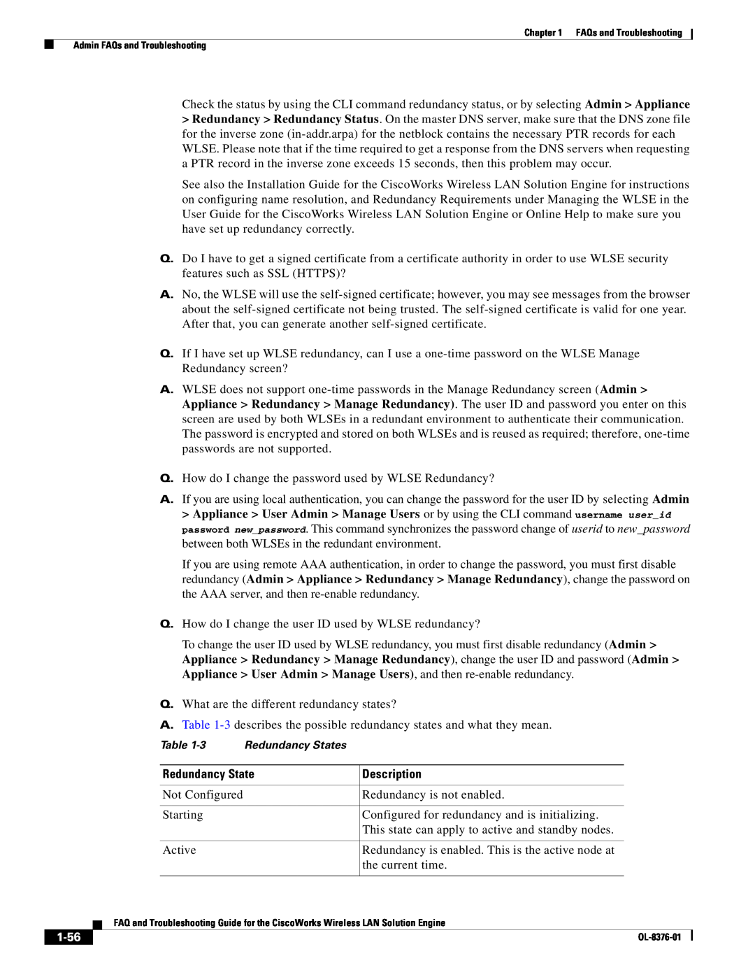 Cisco Systems OL-8376-01 manual Redundancy State, 1-56, Description 