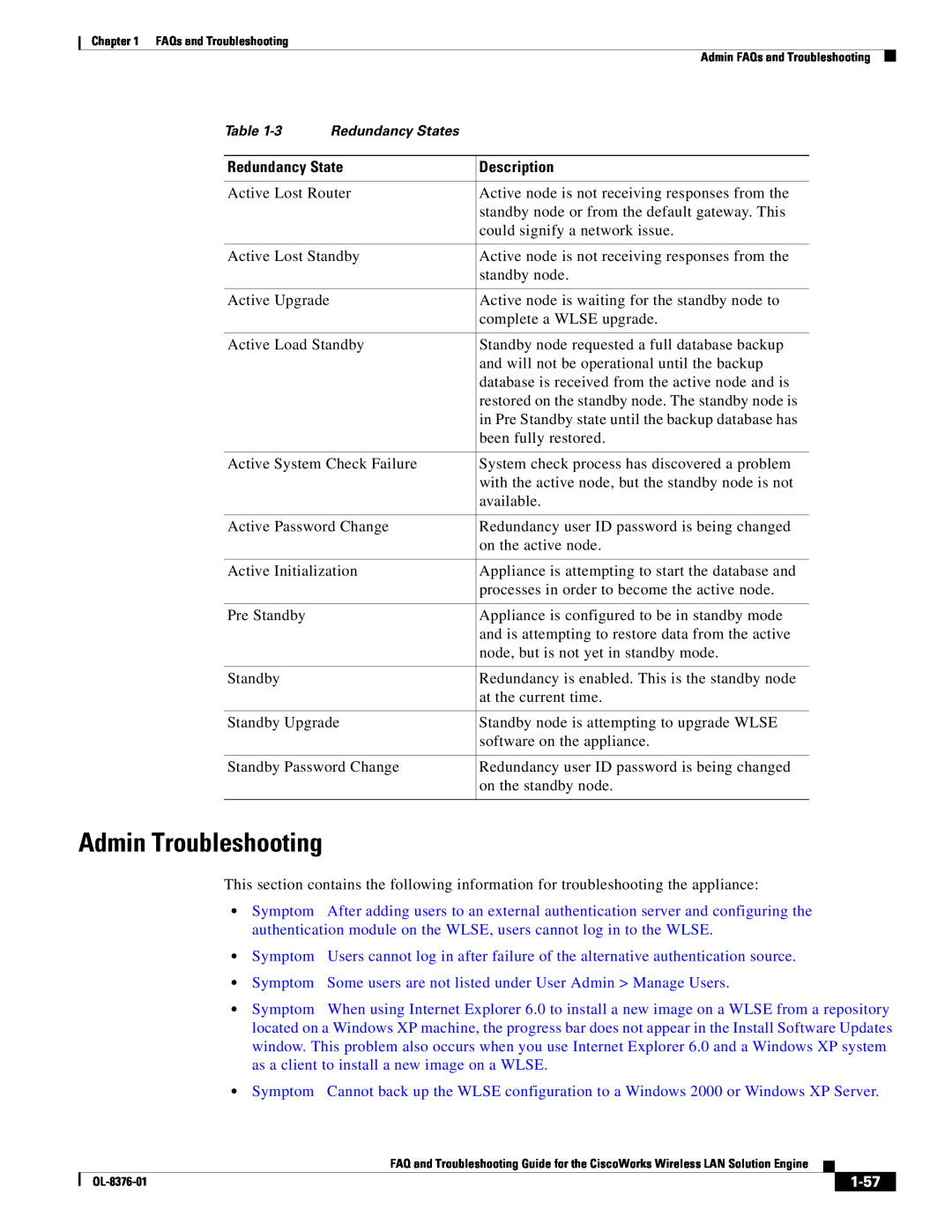 Cisco Systems OL-8376-01 manual Admin Troubleshooting, 1-57, Redundancy State, Description 