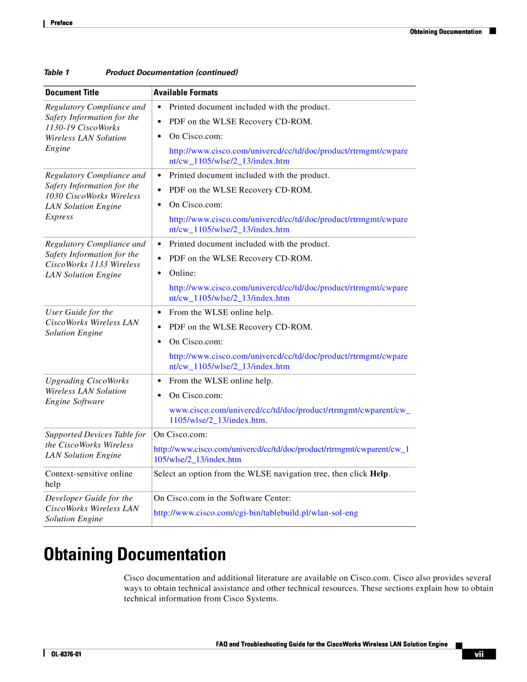 Cisco Systems OL-8376-01 manual Obtaining Documentation, Available Formats 
