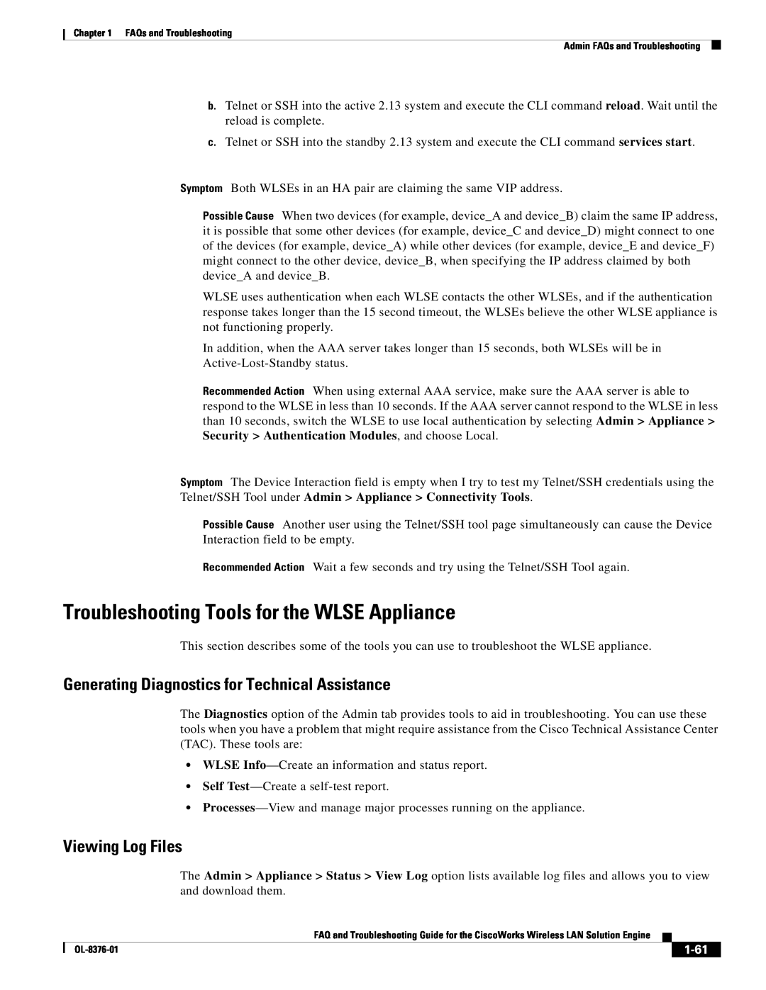 Cisco Systems OL-8376-01 Troubleshooting Tools for the WLSE Appliance, Generating Diagnostics for Technical Assistance 
