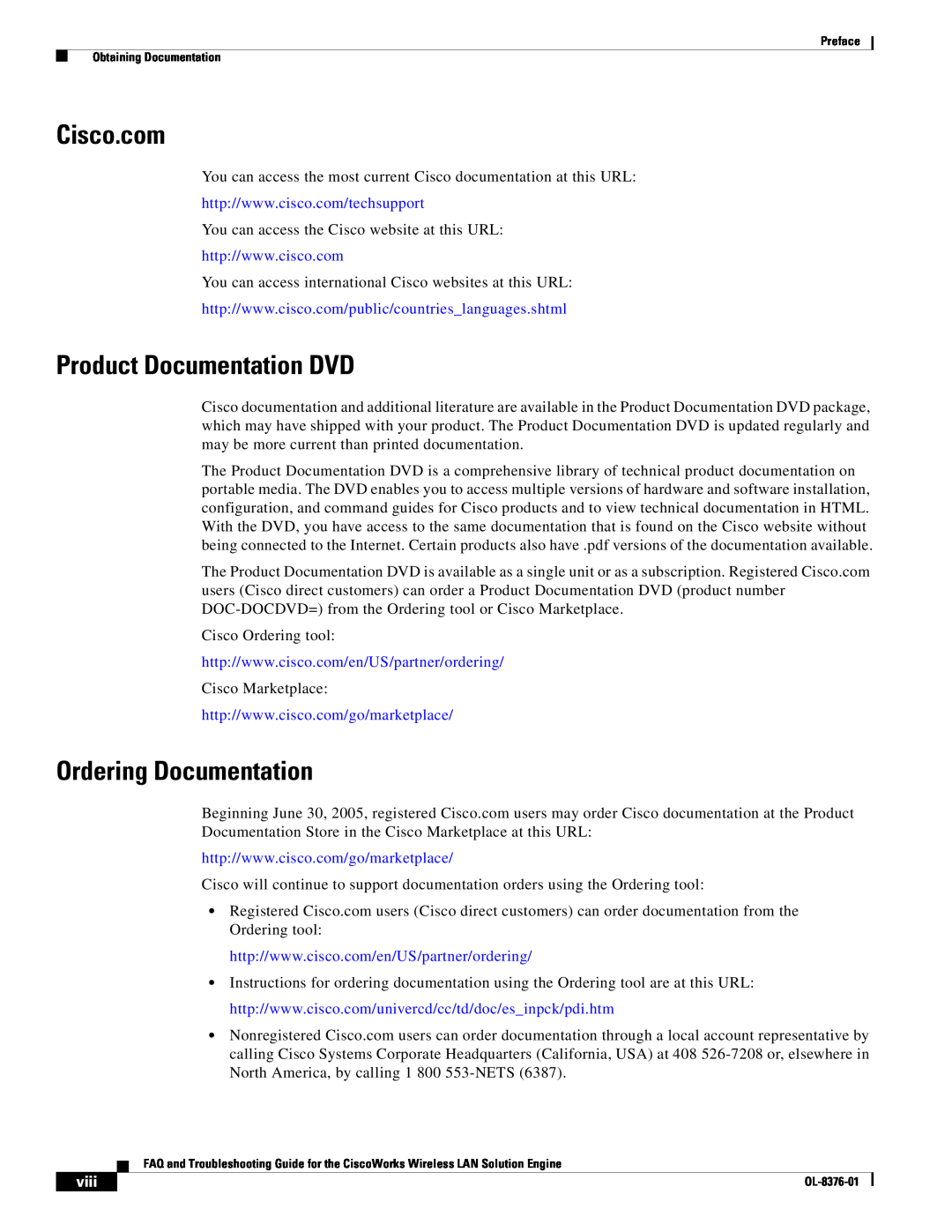 Cisco Systems OL-8376-01 manual Cisco.com, Product Documentation DVD, Ordering Documentation, viii 