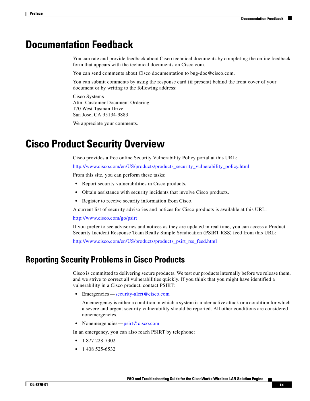 Cisco Systems OL-8376-01 manual Documentation Feedback, Cisco Product Security Overview 