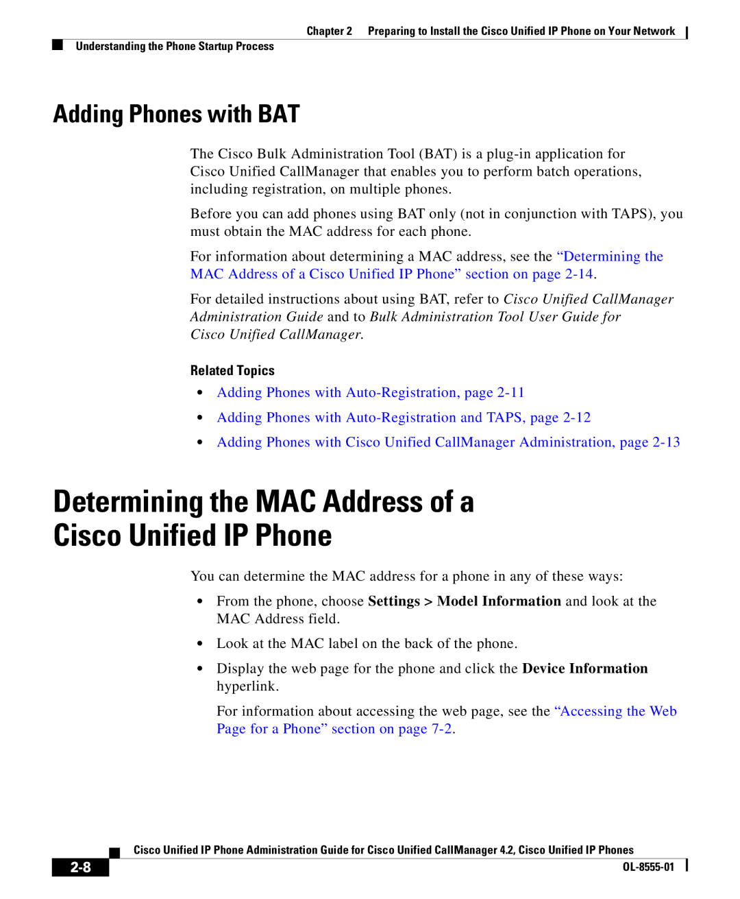 Cisco Systems OL-8555-01 manual Determining the MAC Address of a Cisco Unified IP Phone, Adding Phones with BAT 