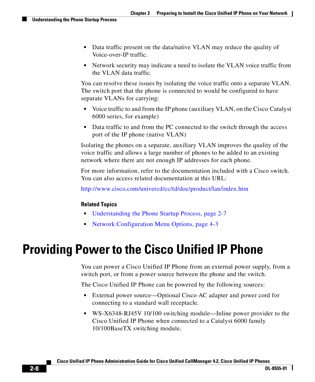 Cisco Systems OL-8555-01 manual Providing Power to the Cisco Unified IP Phone 