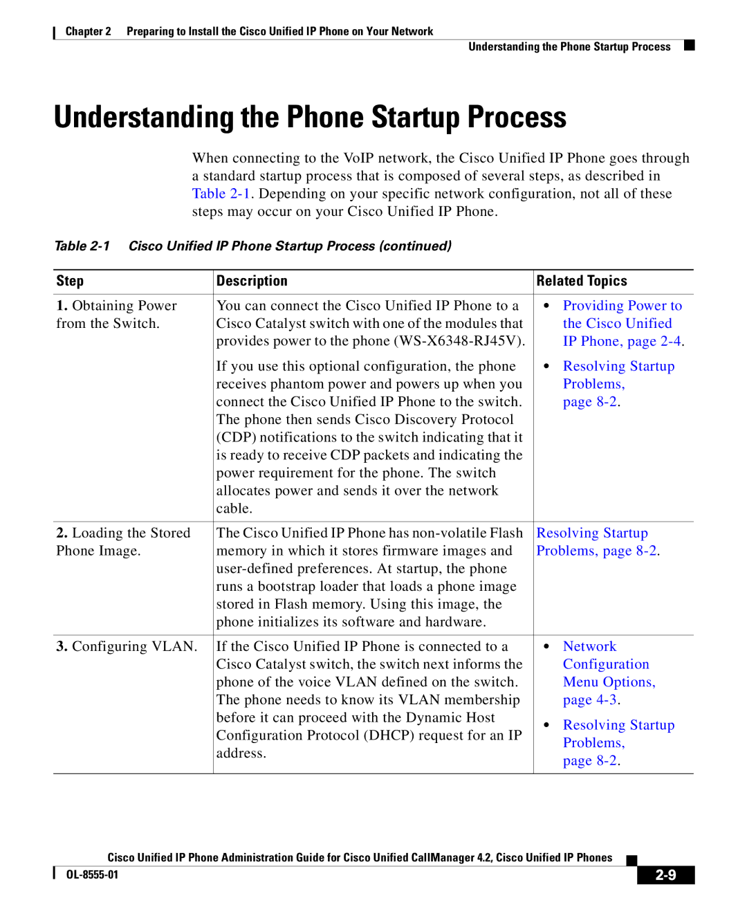 Cisco Systems OL-8555-01 manual Understanding the Phone Startup Process, Step Description Related Topics 