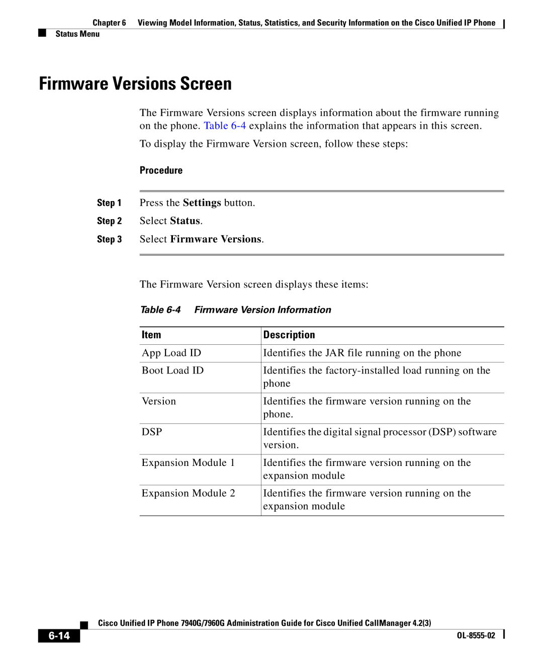 Cisco Systems OL-8555-02 manual Firmware Versions Screen, Select Firmware Versions 