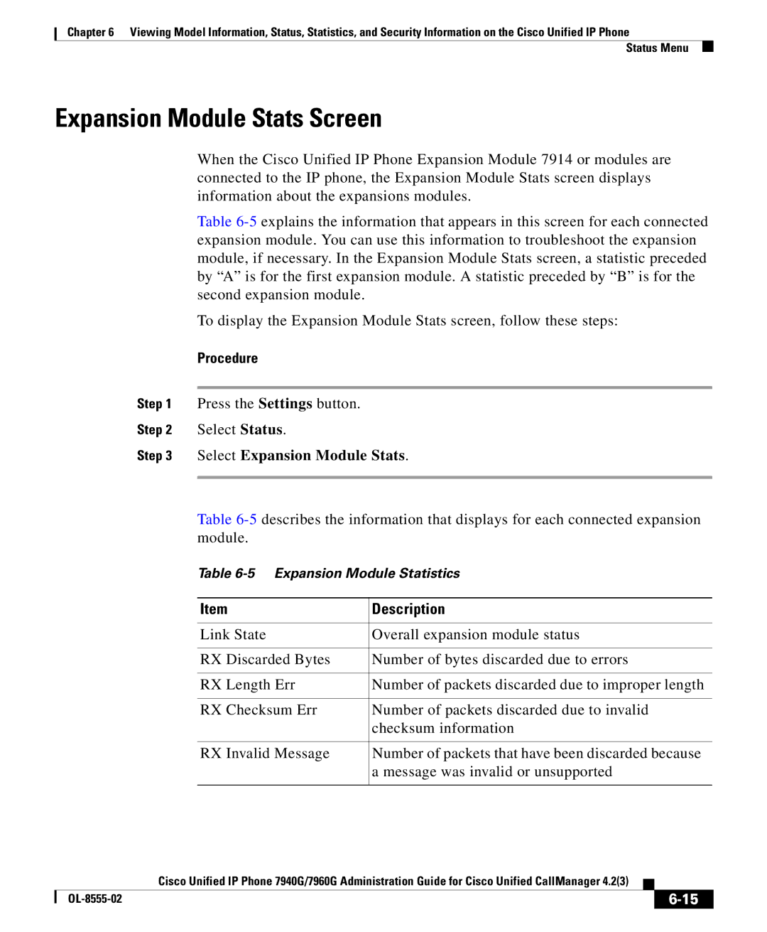 Cisco Systems OL-8555-02 manual Expansion Module Stats Screen, Select Expansion Module Stats 