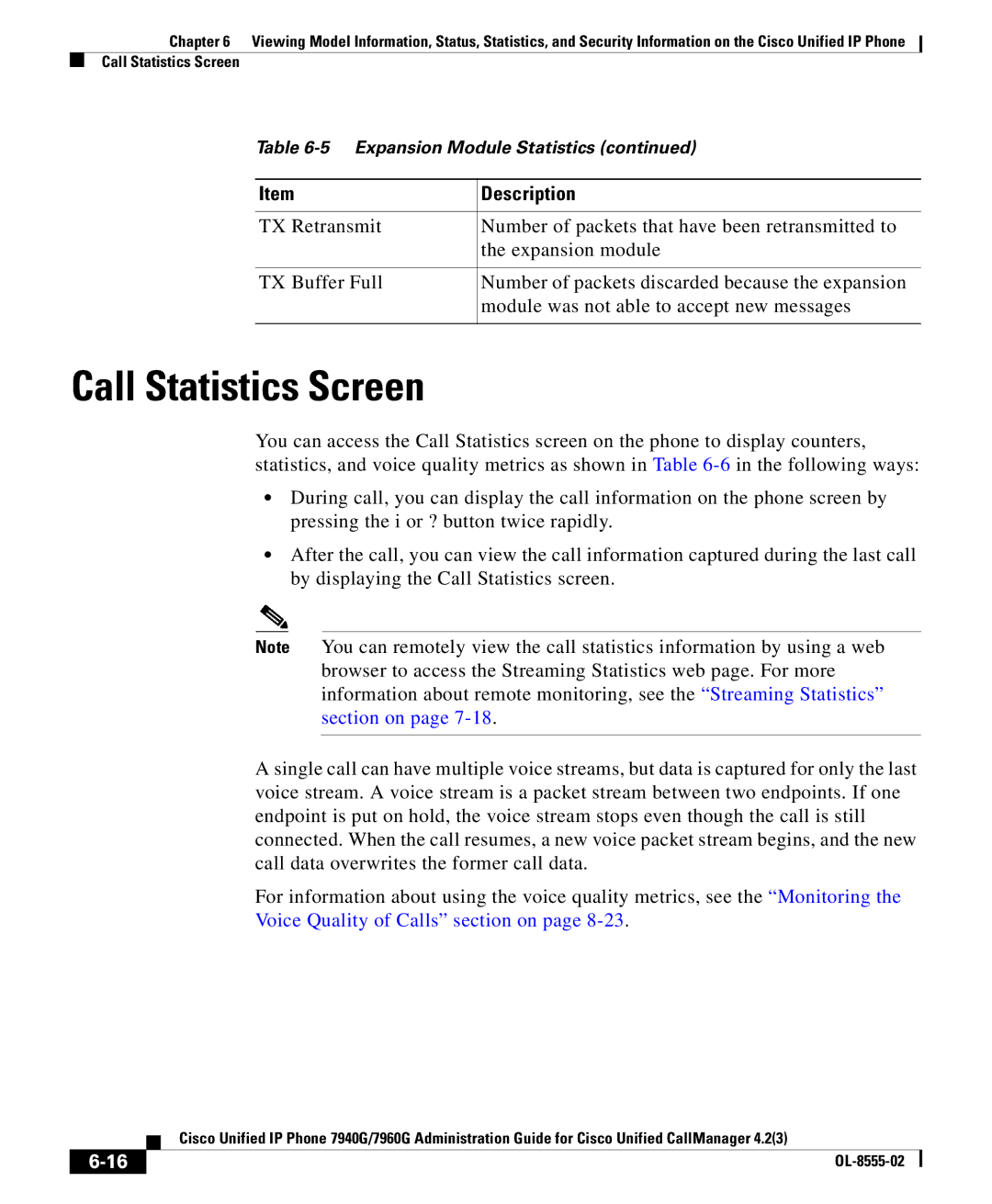 Cisco Systems OL-8555-02 manual Call Statistics Screen 