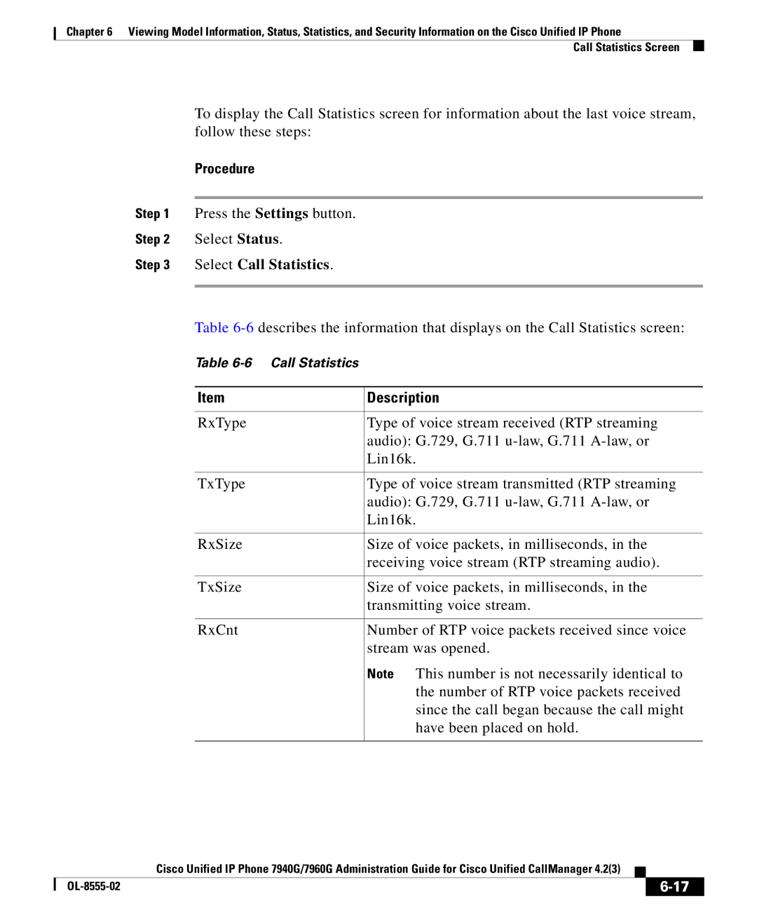 Cisco Systems OL-8555-02 manual Select Call Statistics 