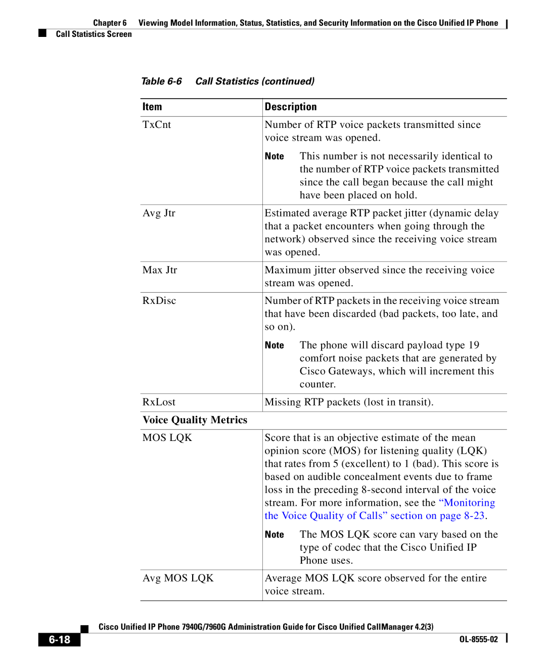 Cisco Systems OL-8555-02 manual Voice Quality Metrics, Voice Quality of Calls section on 