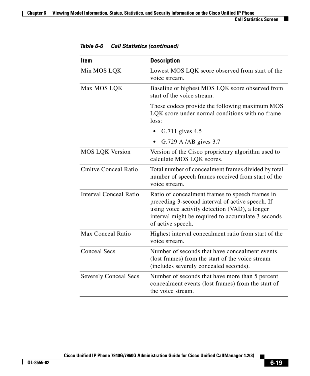 Cisco Systems OL-8555-02 manual Call Statistics Screen 