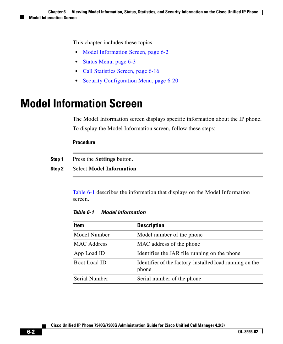 Cisco Systems OL-8555-02 manual Model Information Screen, Select Model Information 