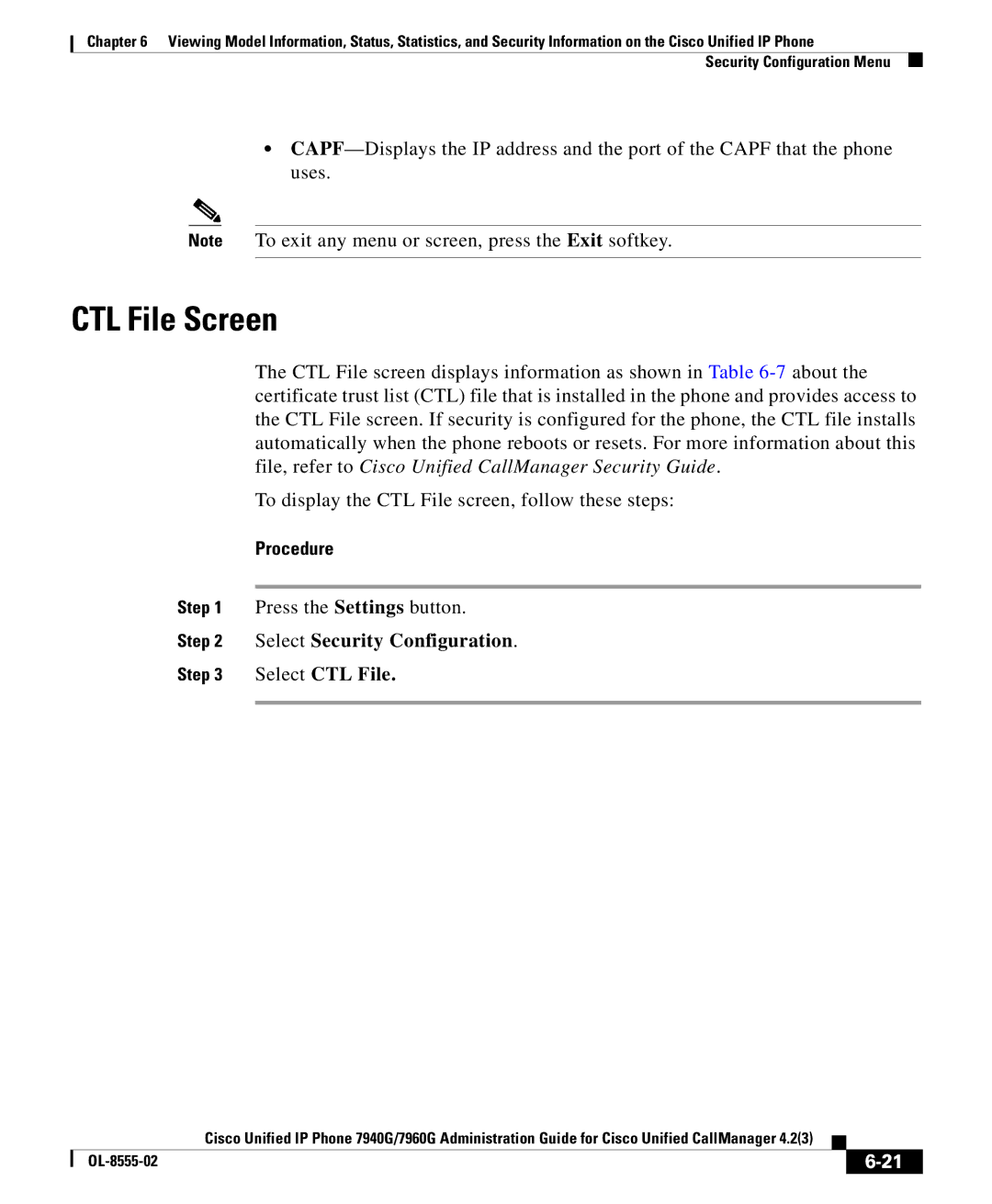 Cisco Systems OL-8555-02 manual CTL File Screen, Select Security Configuration Select CTL File 