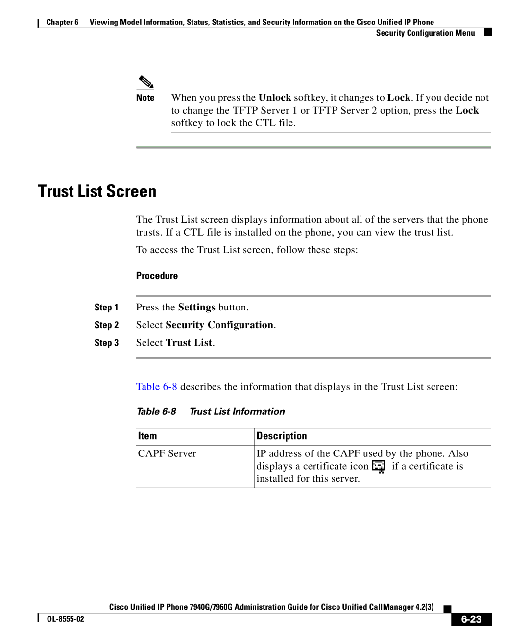 Cisco Systems OL-8555-02 manual Trust List Screen, Select Security Configuration Select Trust List 