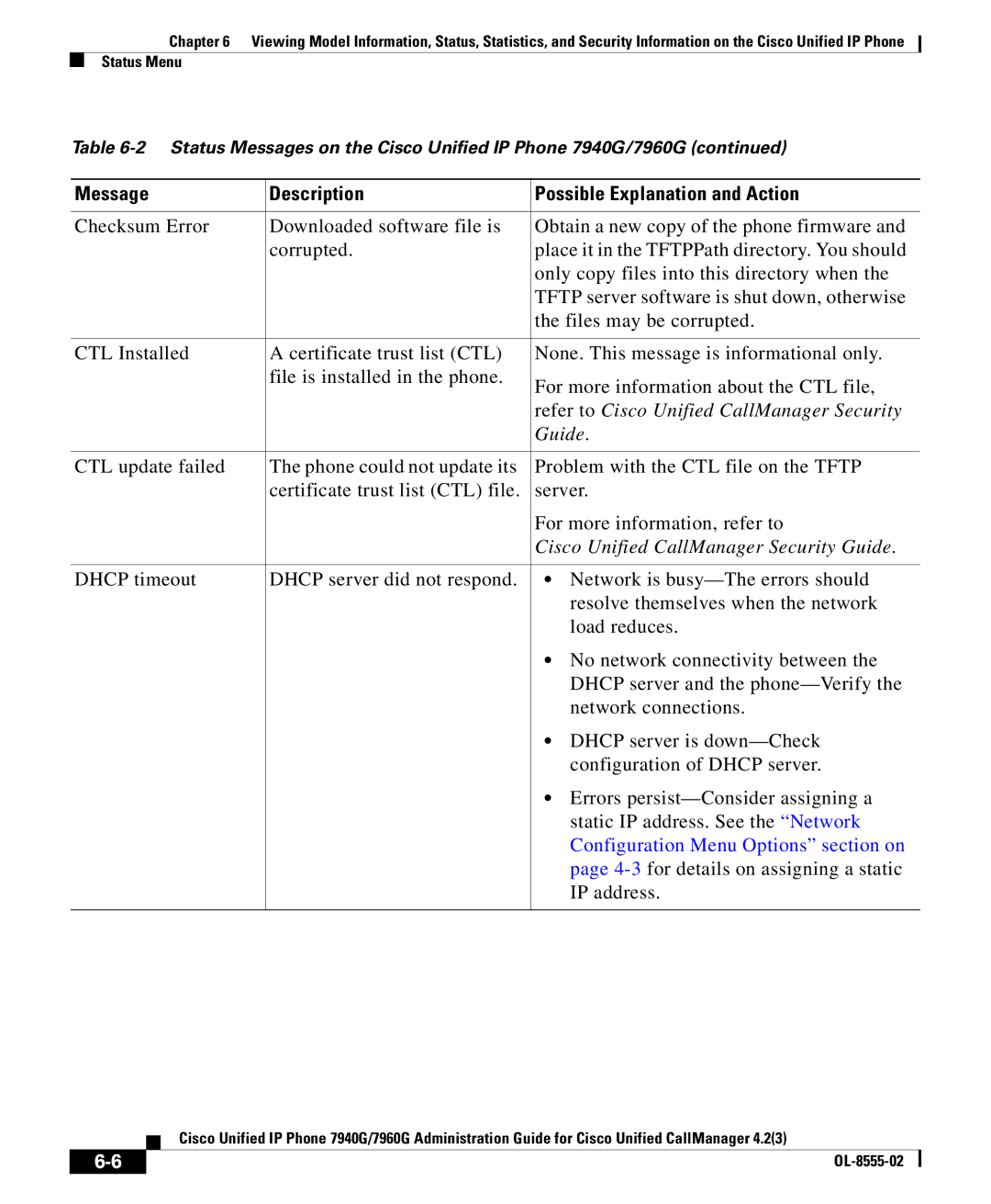 Cisco Systems OL-8555-02 manual Guide, Configuration Menu Options section on 