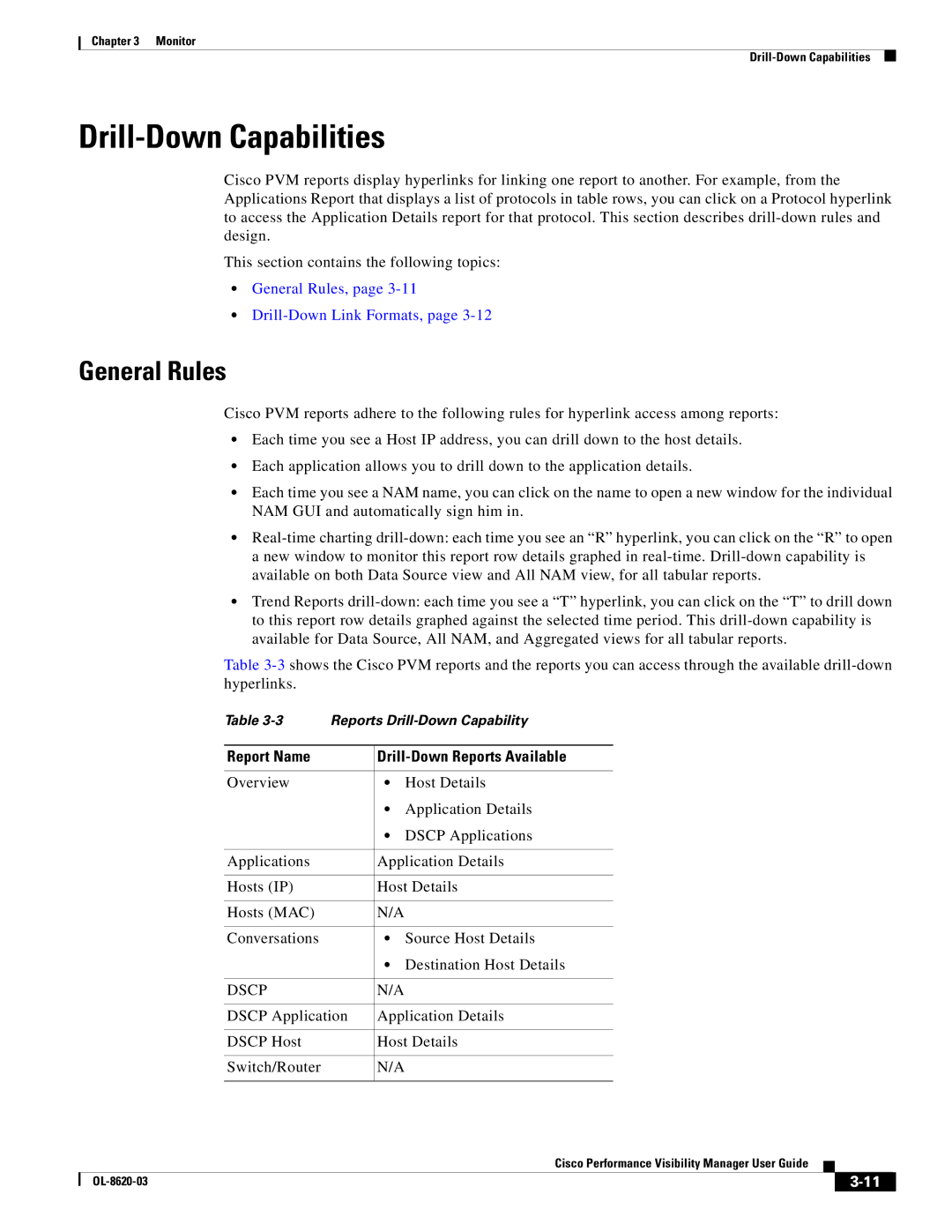 Cisco Systems OL-8620-03 appendix Drill-Down Capabilities, General Rules, Report Name Drill-Down Reports Available 