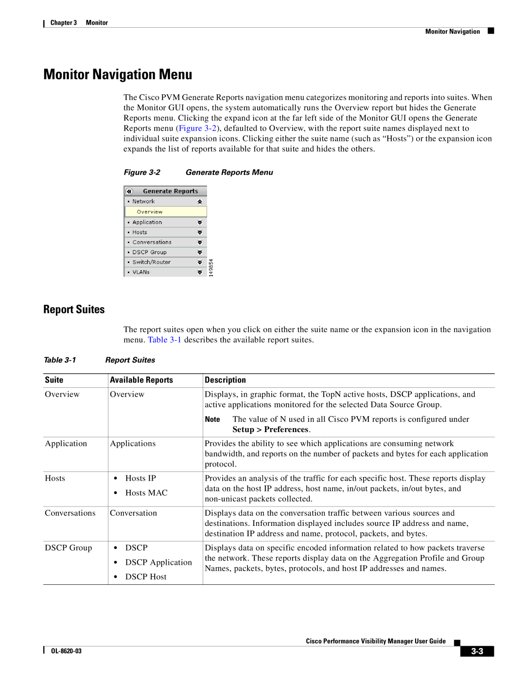 Cisco Systems OL-8620-03 appendix Monitor Navigation Menu, Report Suites, Suite Available Reports Description, Dscp 