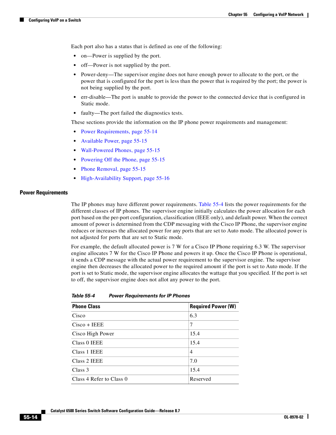 Cisco Systems OL-8978-02 manual Power Requirements, Phone Class Required Power W, 55-14 