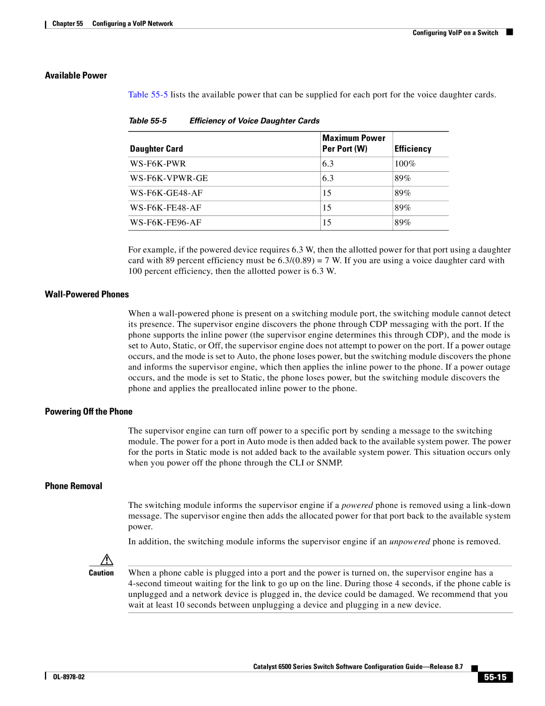 Cisco Systems OL-8978-02 manual Available Power, Wall-Powered Phones, Powering Off the Phone, Phone Removal, 55-15 