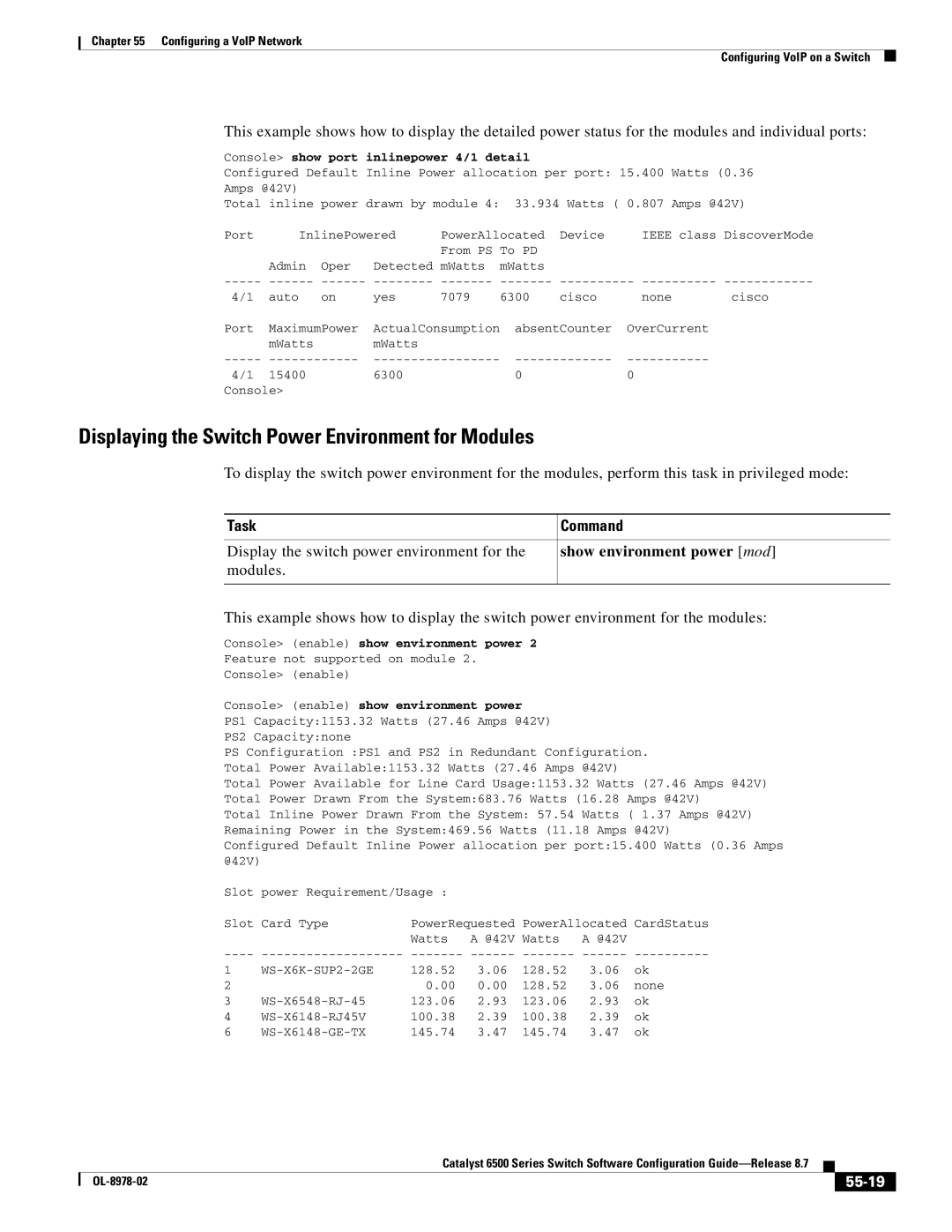 Cisco Systems OL-8978-02 manual Displaying the Switch Power Environment for Modules, Show environment power mod, 55-19 