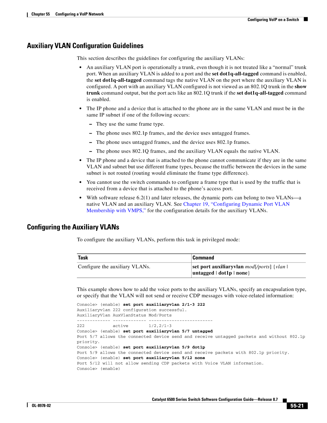 Cisco Systems OL-8978-02 Auxiliary Vlan Configuration Guidelines, Configuring the Auxiliary VLANs, Untagged dot1p none 