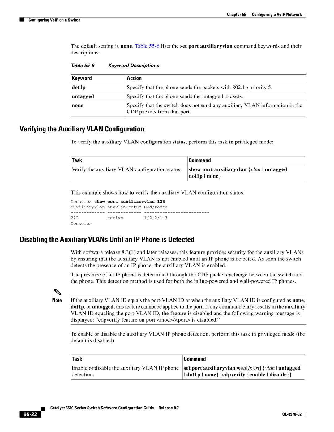 Cisco Systems OL-8978-02 manual Verifying the Auxiliary Vlan Configuration, Keyword Action, 55-22 