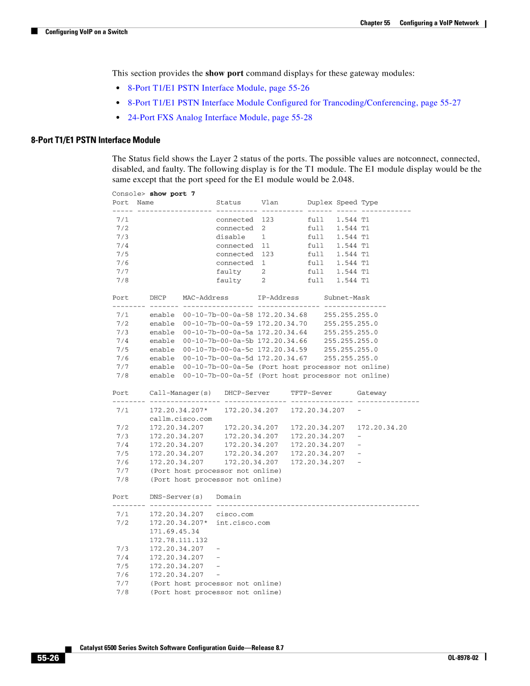 Cisco Systems OL-8978-02 manual Port T1/E1 Pstn Interface Module, 55-26, Console show port 