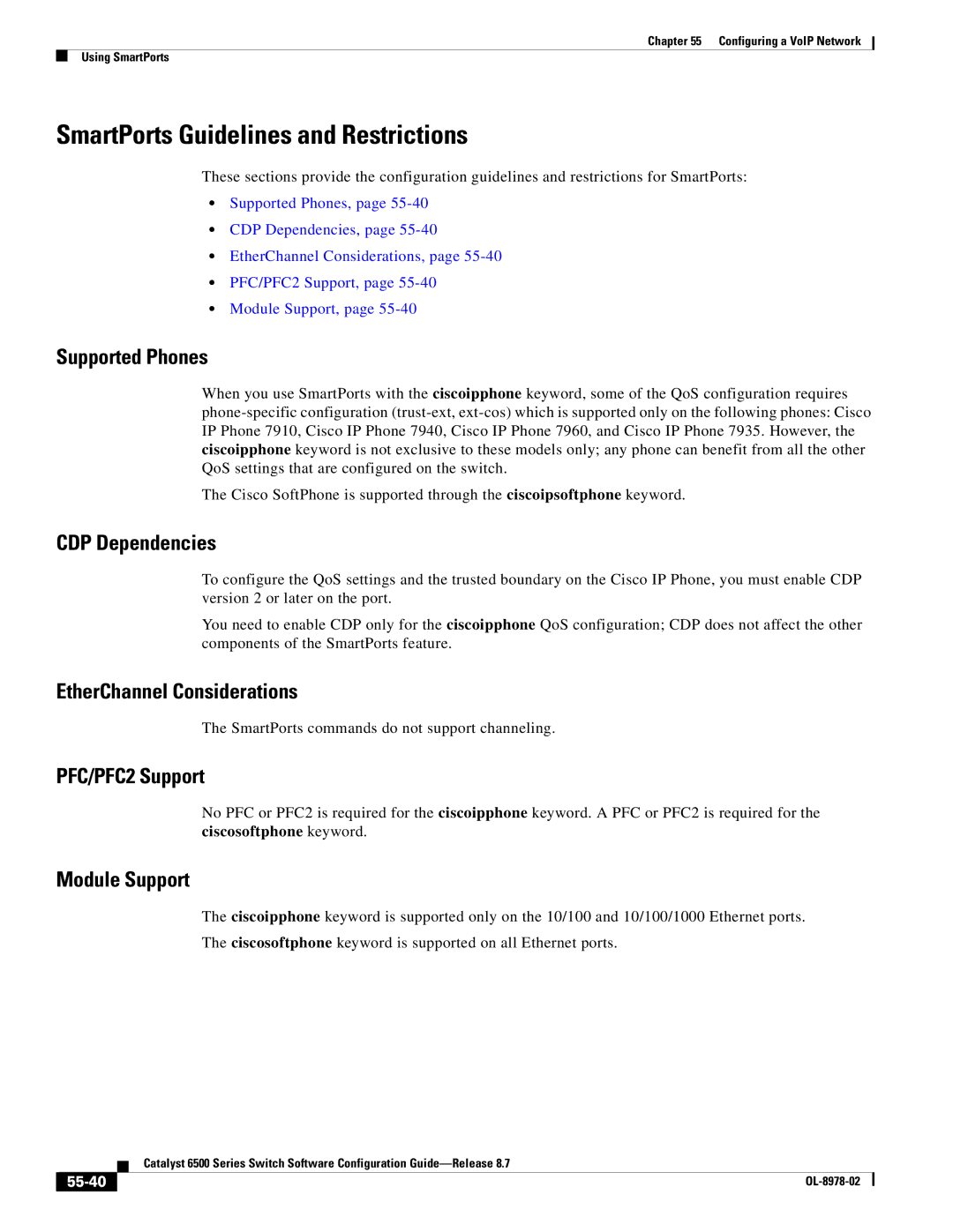 Cisco Systems OL-8978-02 manual SmartPorts Guidelines and Restrictions 