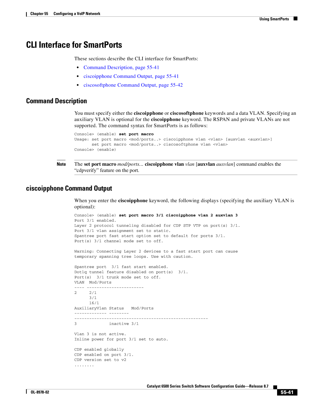 Cisco Systems OL-8978-02 manual CLI Interface for SmartPorts, Command Description, Ciscoipphone Command Output, 55-41 