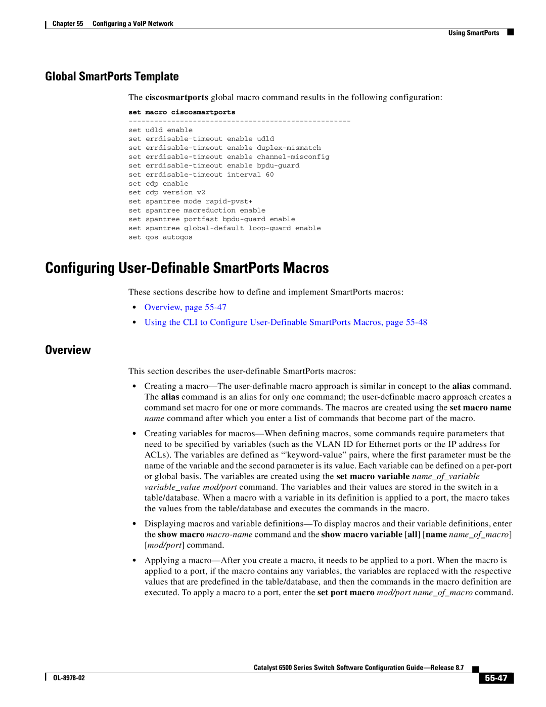 Cisco Systems OL-8978-02 manual Configuring User-Definable SmartPorts Macros, Global SmartPorts Template, Overview, 55-47 