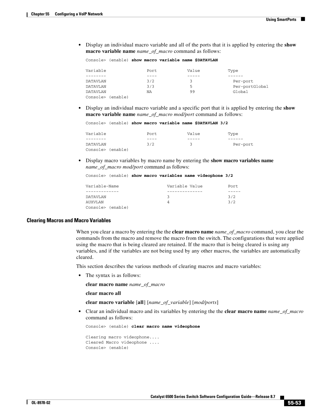 Cisco Systems OL-8978-02 manual Clearing Macros and Macro Variables, Clear macro name nameofmacro clear macro all, 55-53 