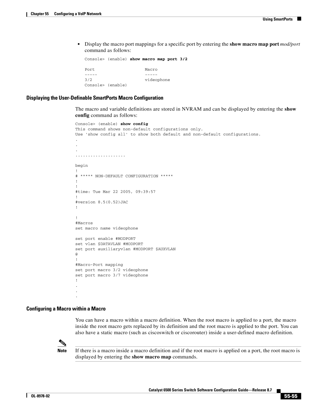 Cisco Systems OL-8978-02 manual Configuring a Macro within a Macro, 55-55, Console enable show macro map port 3/2 