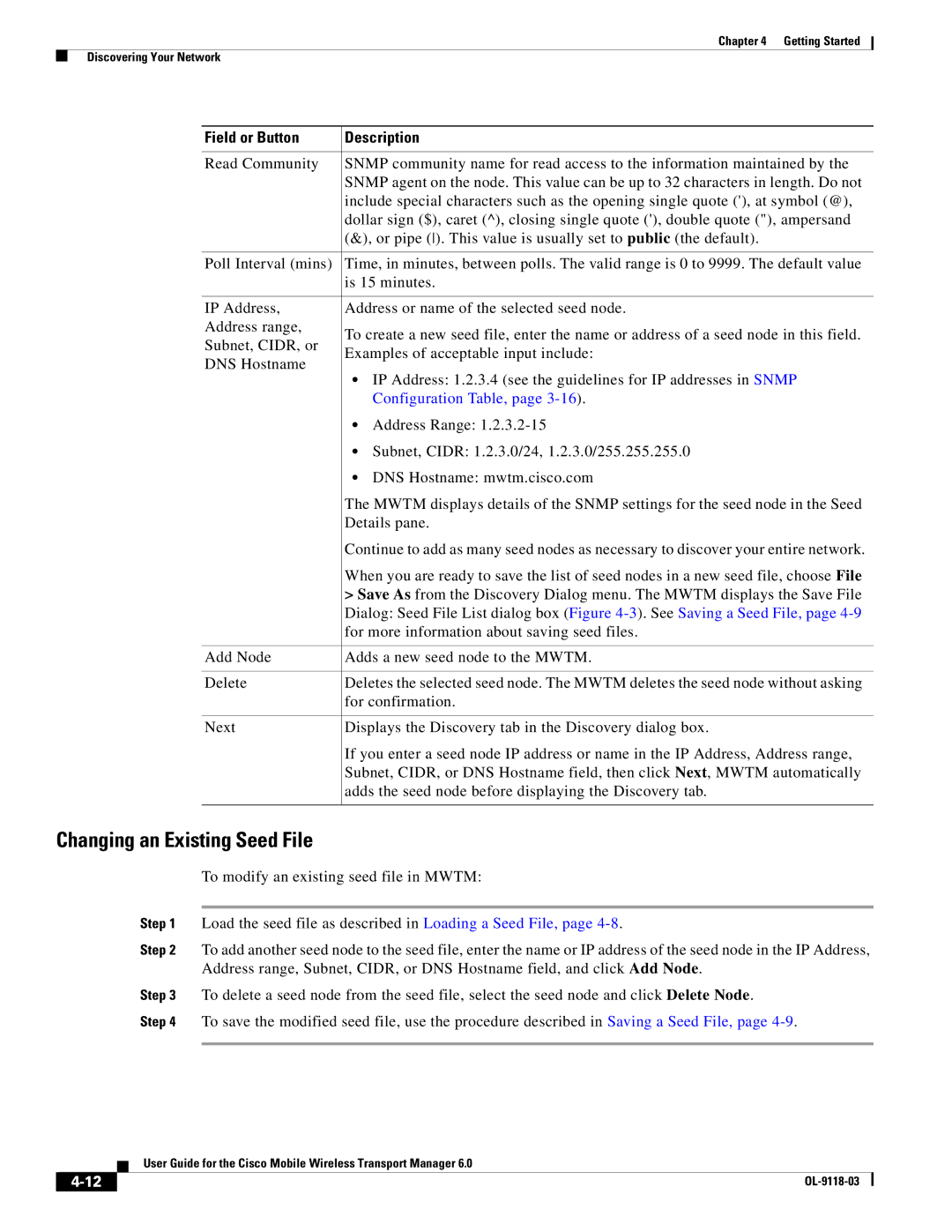 Cisco Systems OL-9118-03 manual Changing an Existing Seed File, Configuration Table 