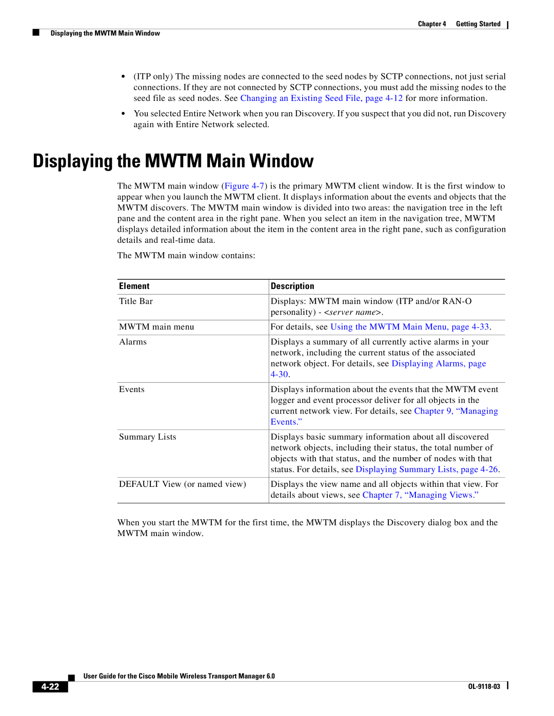 Cisco Systems OL-9118-03 manual Displaying the Mwtm Main Window, Element Description 