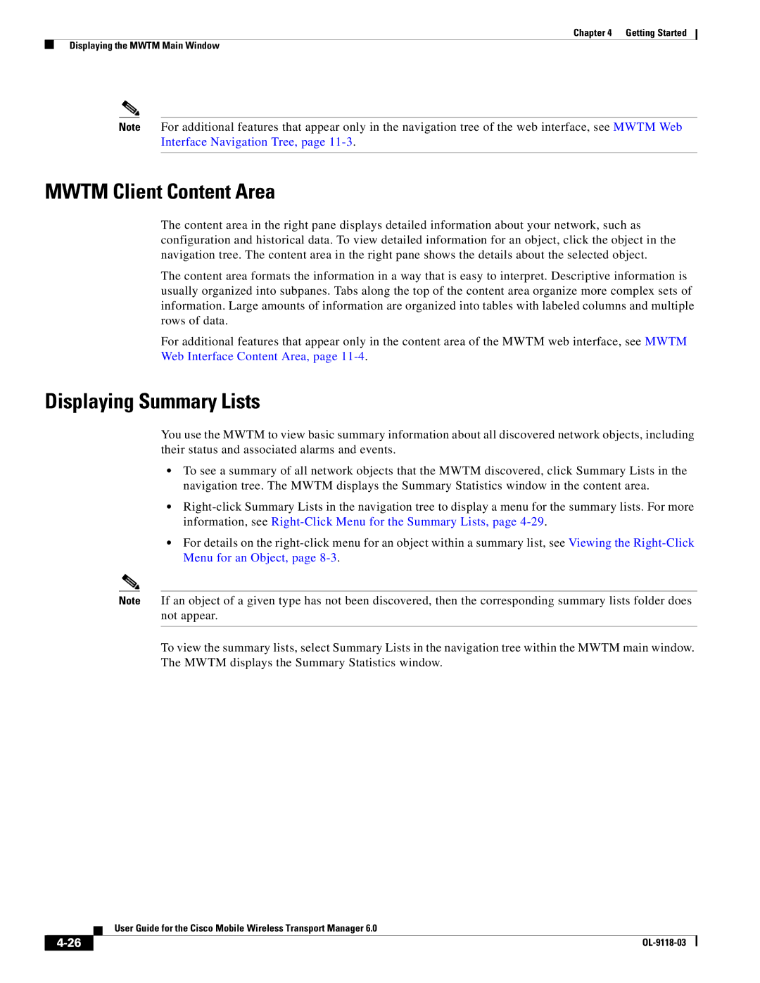 Cisco Systems OL-9118-03 manual Mwtm Client Content Area, Displaying Summary Lists 