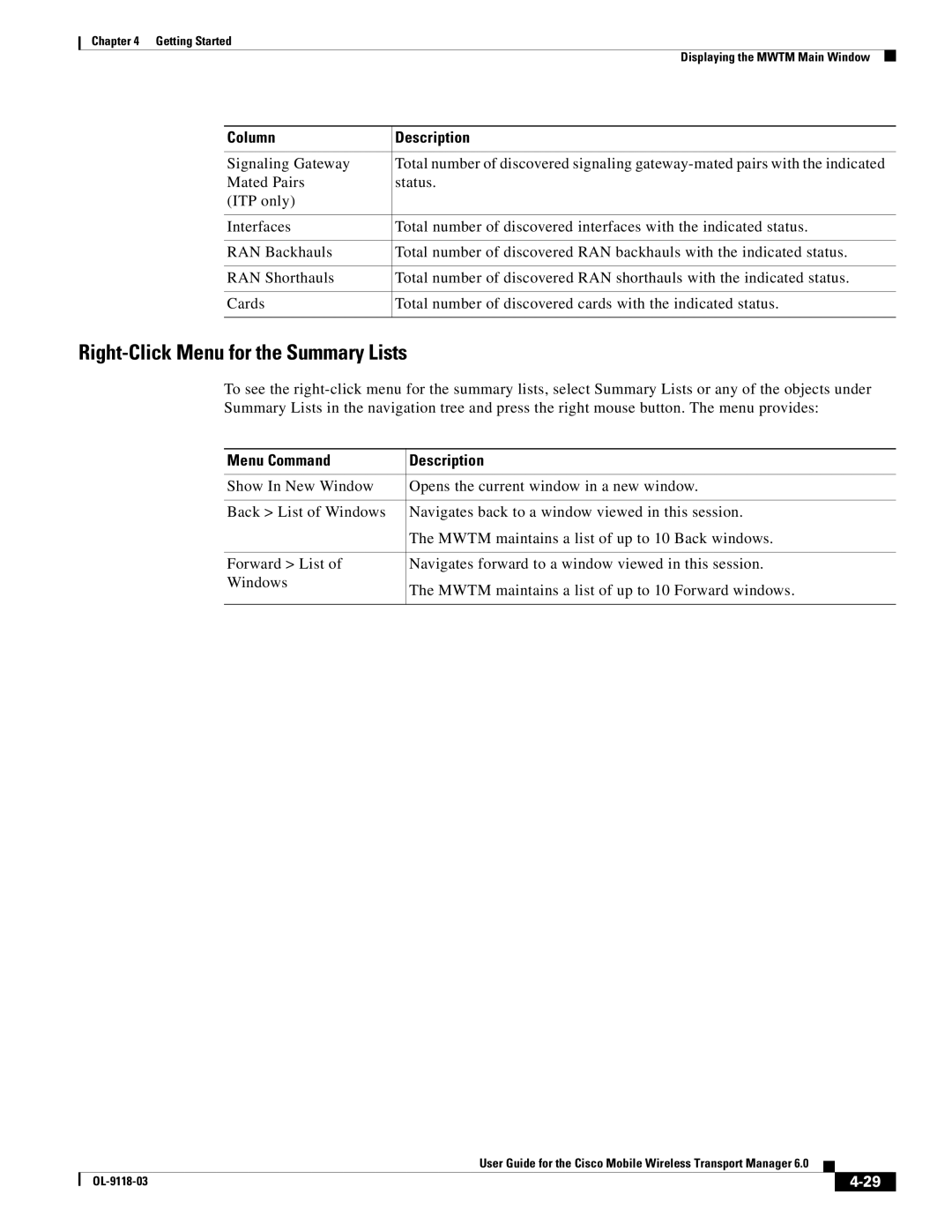 Cisco Systems OL-9118-03 manual Right-Click Menu for the Summary Lists, Menu Command Description 