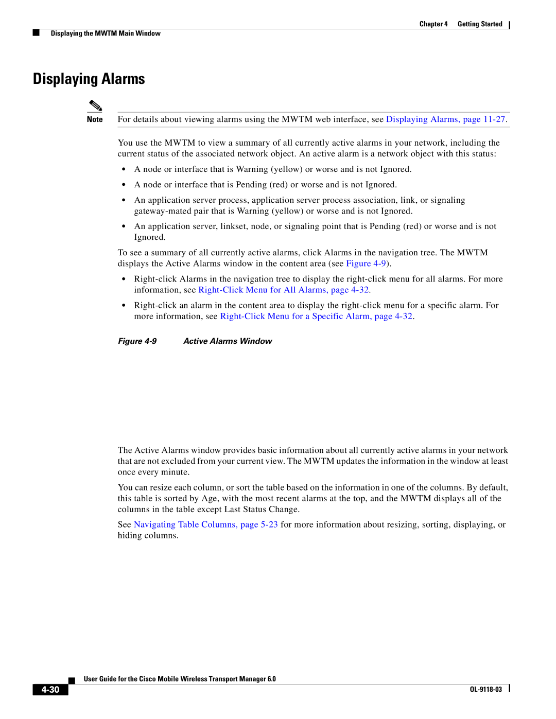 Cisco Systems OL-9118-03 manual Displaying Alarms, Active Alarms Window 