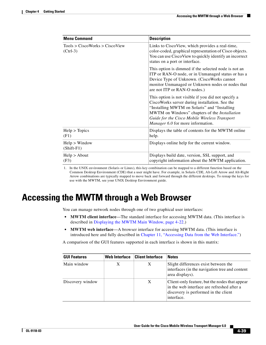 Cisco Systems OL-9118-03 manual Accessing the Mwtm through a Web Browser, GUI Features Web Interface Client Interface 