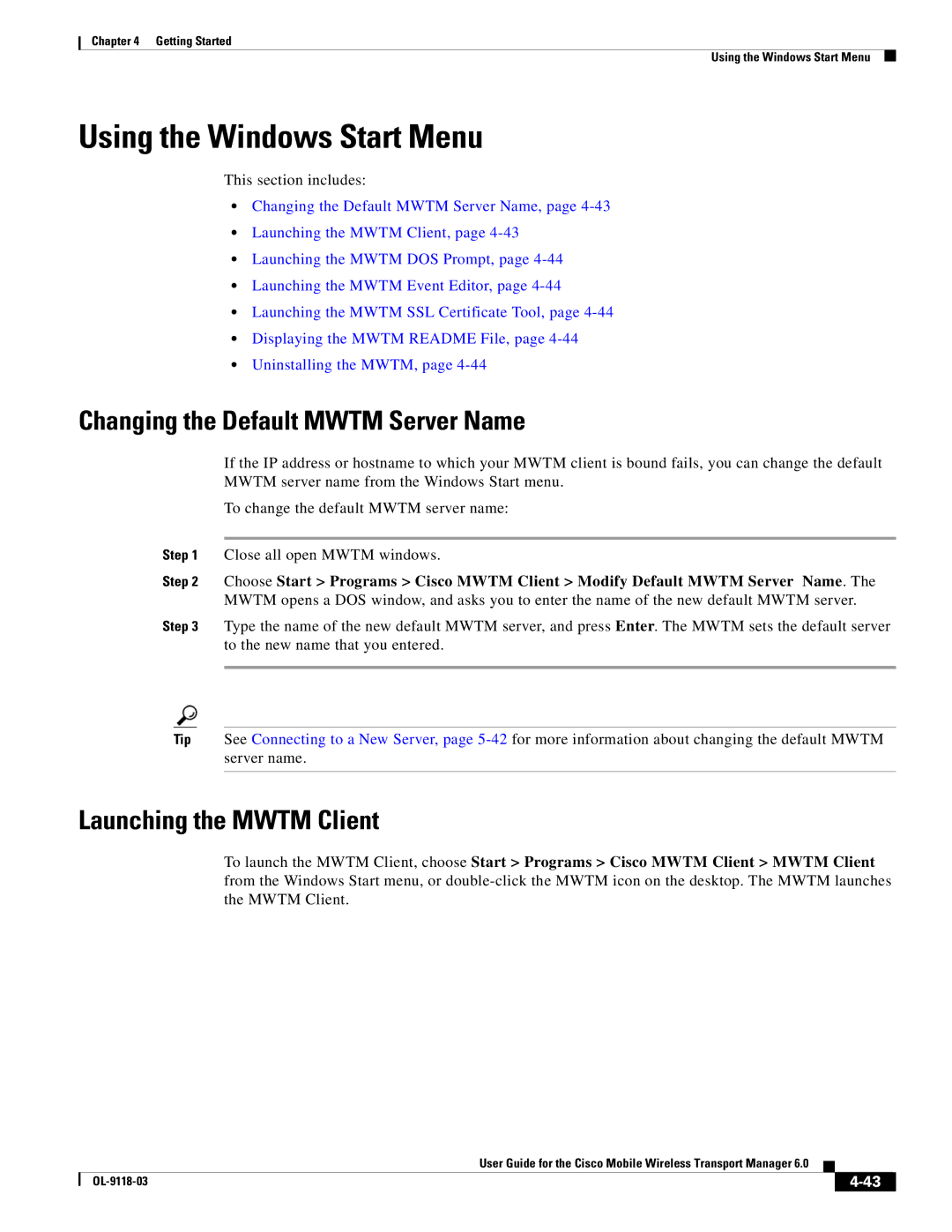 Cisco Systems OL-9118-03 Using the Windows Start Menu, Changing the Default Mwtm Server Name, Launching the Mwtm Client 