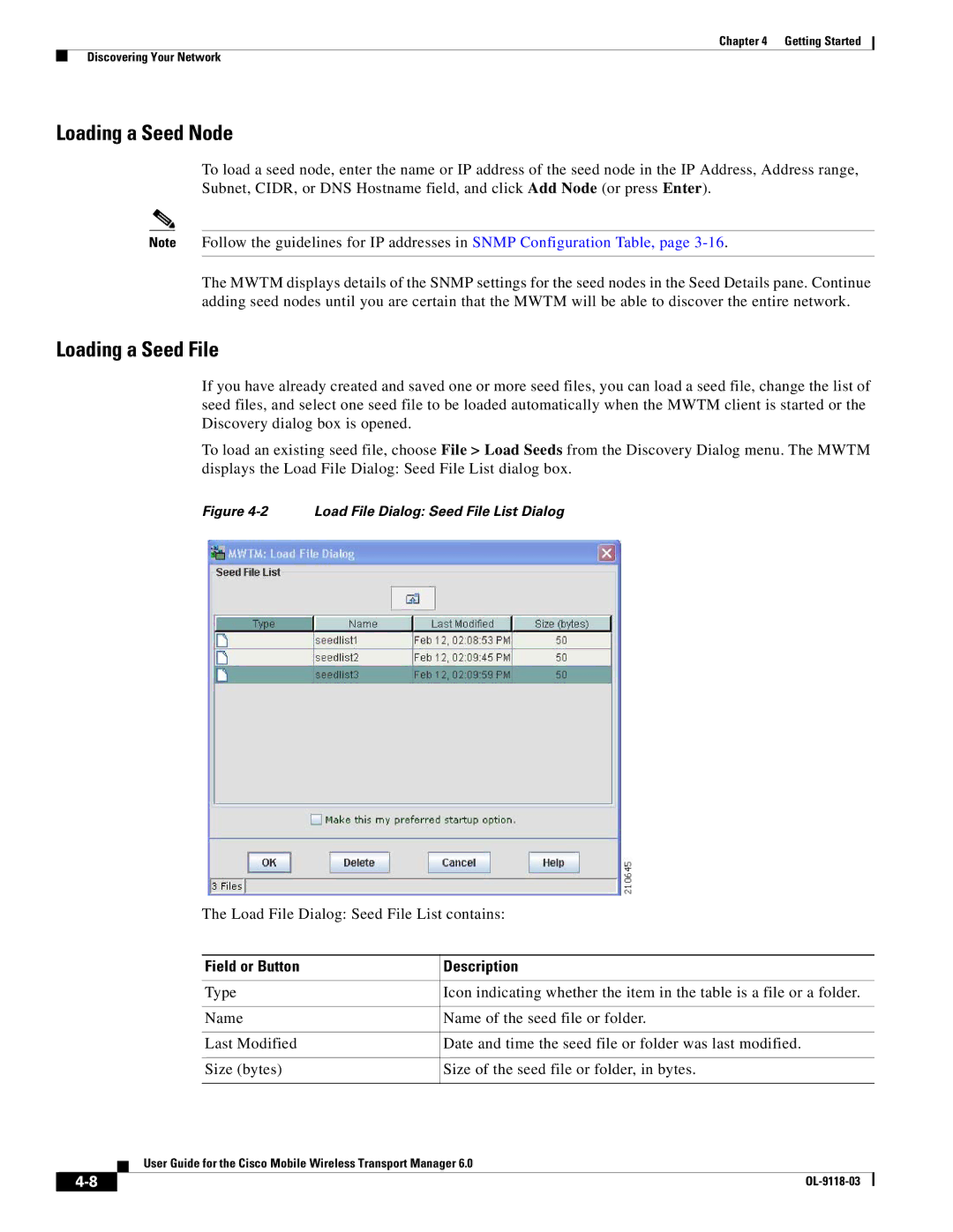 Cisco Systems OL-9118-03 manual Loading a Seed Node, Loading a Seed File, Field or Button Description 